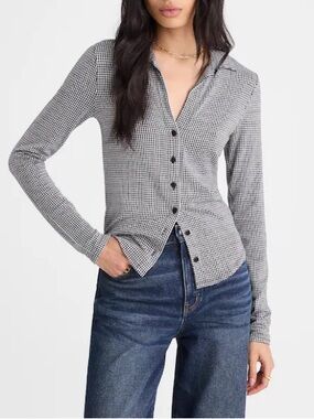 Madewell Black & White Gingham Button Front Camp Long Sleeve Top Size Large